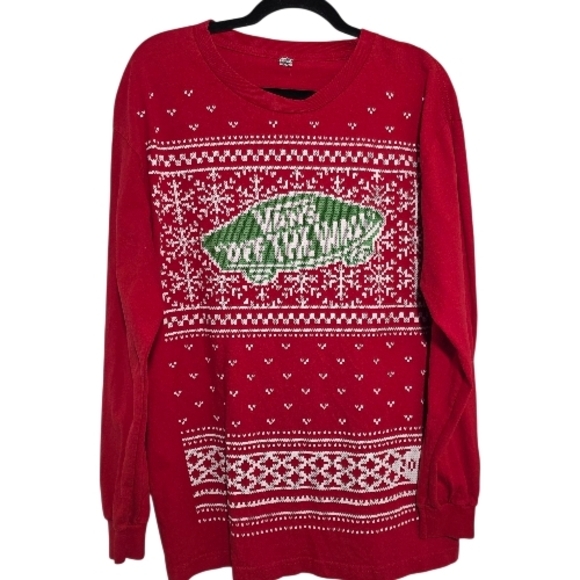 Vans Other - Vans Red Long Sleeve Holiday TShirt with Green and White Pattern Large
